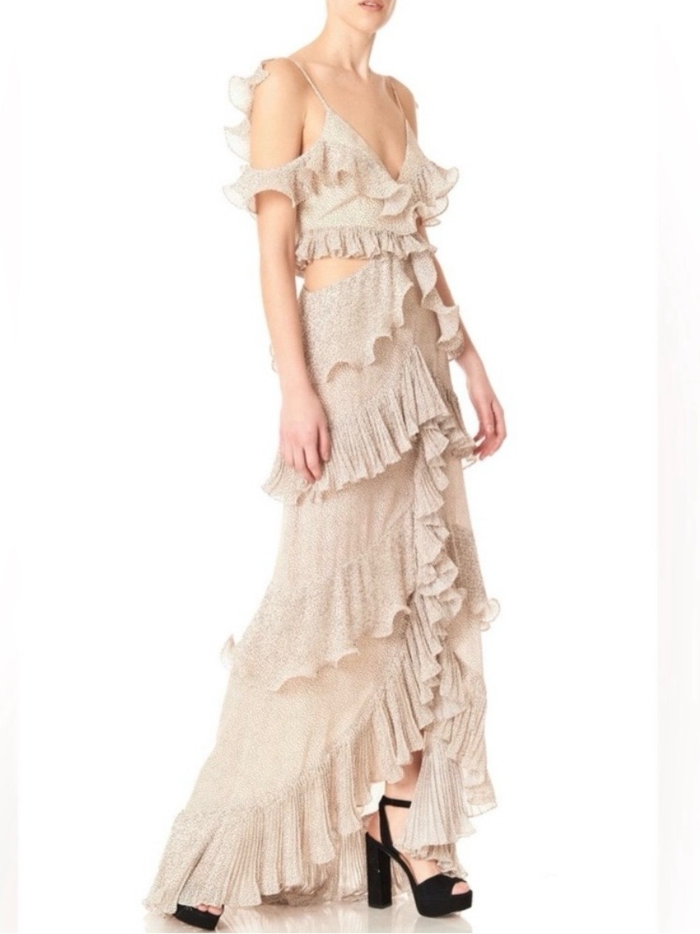 AMUR Beige/Polka Dot Ruffled Cut Out Elora Dress. Size 2 NWT
